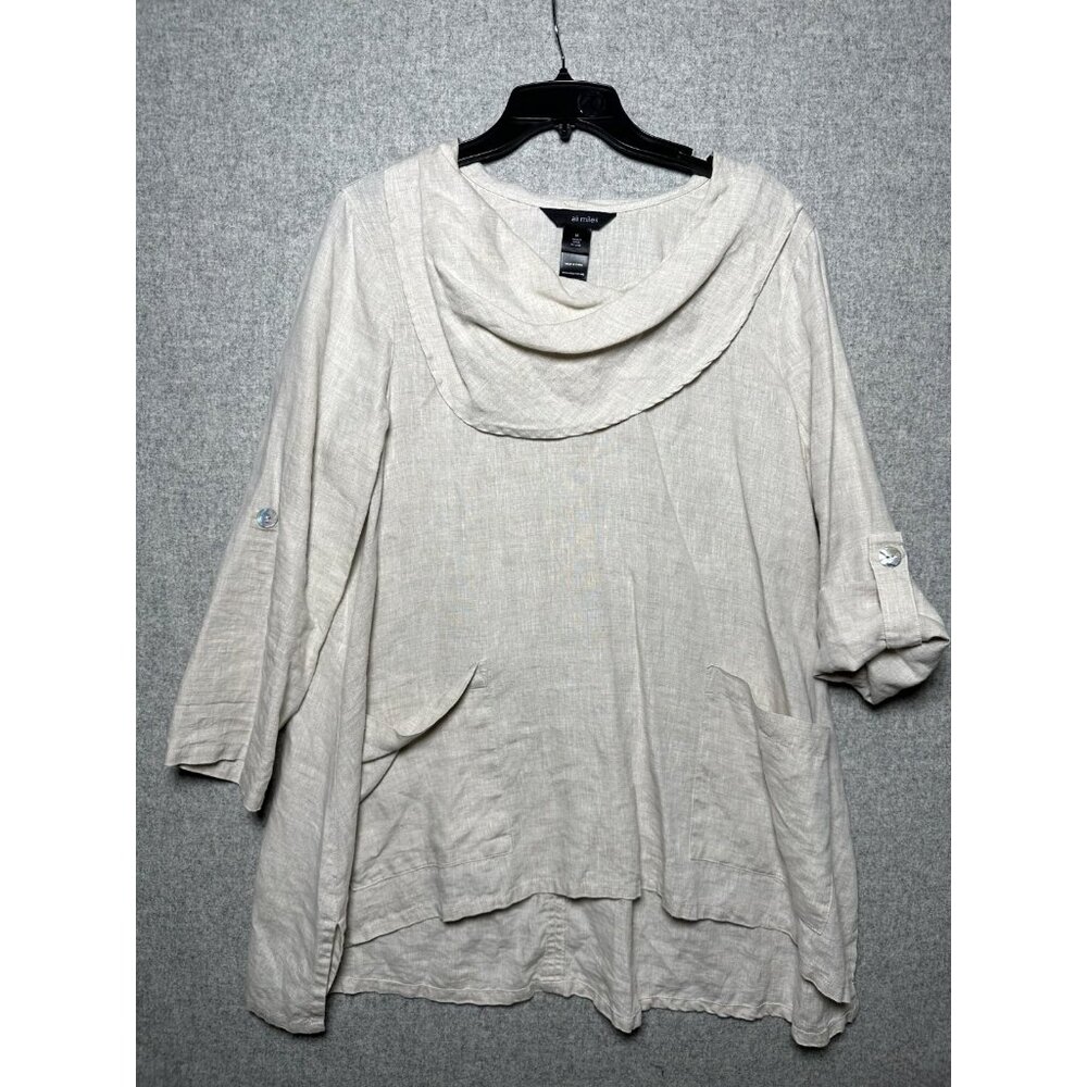 Ali Miles Medium Linen Top Blouse Lagenlook Beige Tab Sleeves Oversized